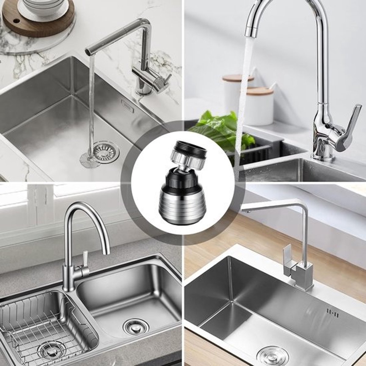 Set met 3 waterkraan zeef - kraan filter - straalregelaar opzetstuk - draaibare kraanfilter - roestvrij staal - 360 graden rotatie - stalen plaatstructuur