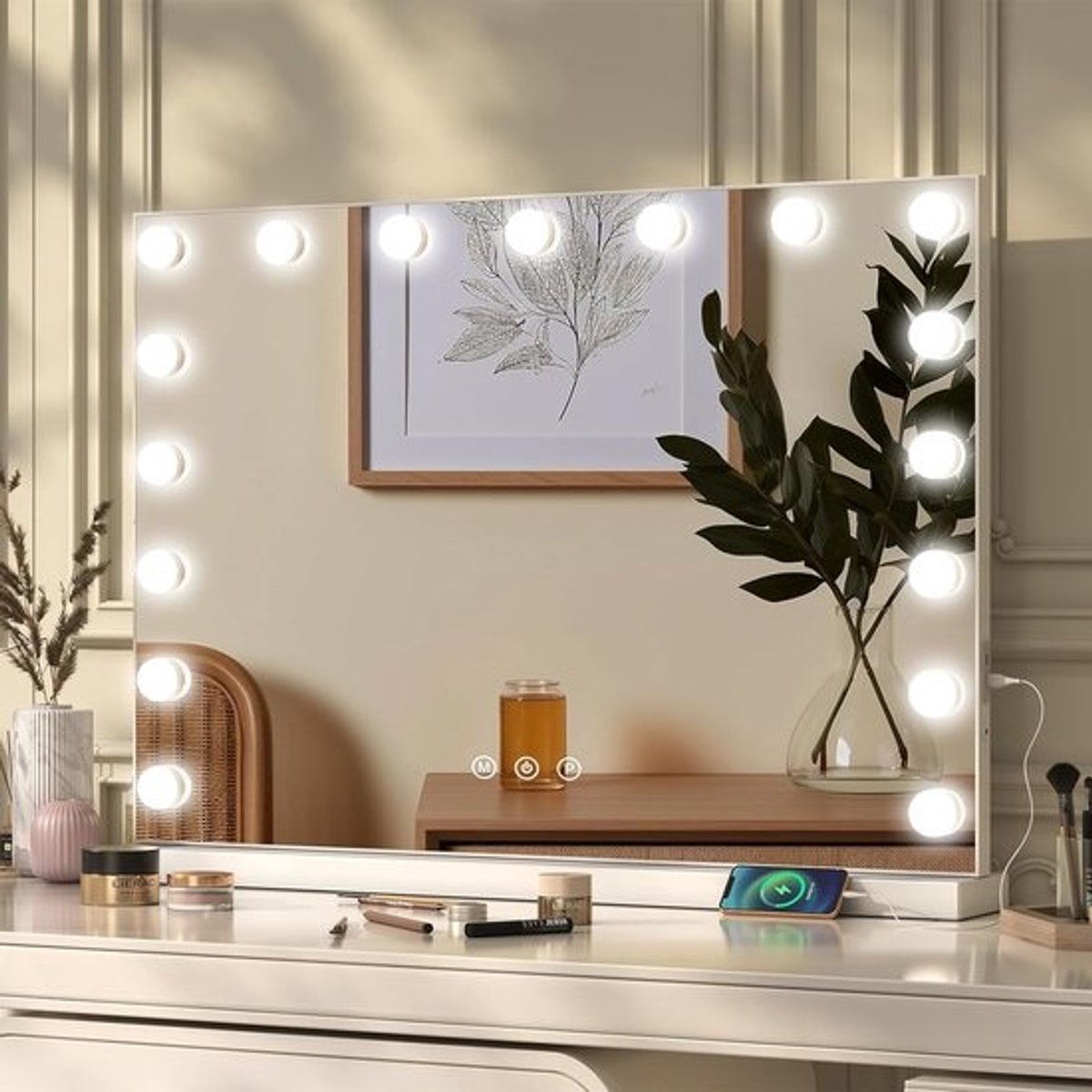 Make-upspiegel met Verlichting - Hollywood Spiegel - Make-up Aanbrengen - 10x Vergroting - 80 x 62 cm - Wit