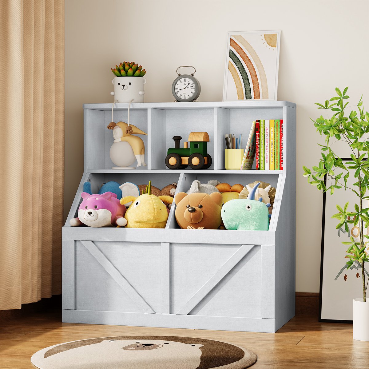 Kinderkast met Boekenkast en Speelgoedopberger - Opbergkast voor Kinderkamer - 3 Open Planken & 2 Grote Opbergvakken - Veiligheidsontwerp - Antiek wit- 90 x 42 x 92 cm