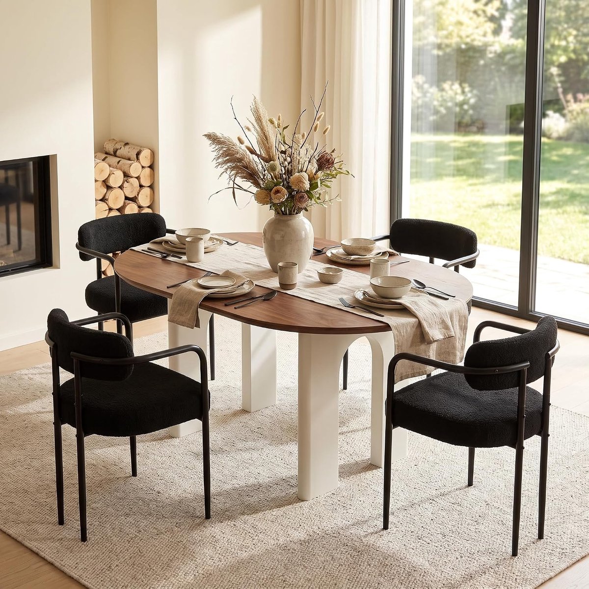 Puluomis - Eetkamerstoelen - Set van 4 - Teddy Fleece - Metalen poten - Gevoerde zitkussens - Zwart