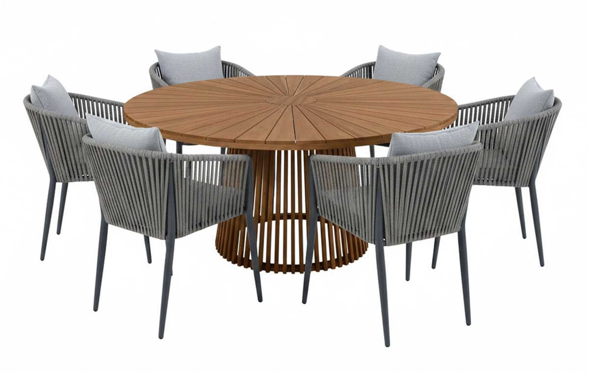 AXI Hani/Faye 150 cm Dining Tuinset 7-delig Teak/Antraciet – Massief Teakhout – Tuinset 6 Personen – Ronde Tuintafel 150 cm – 6 Aluminium Tuinstoelen – Luxe Tuinmeubelen Set
