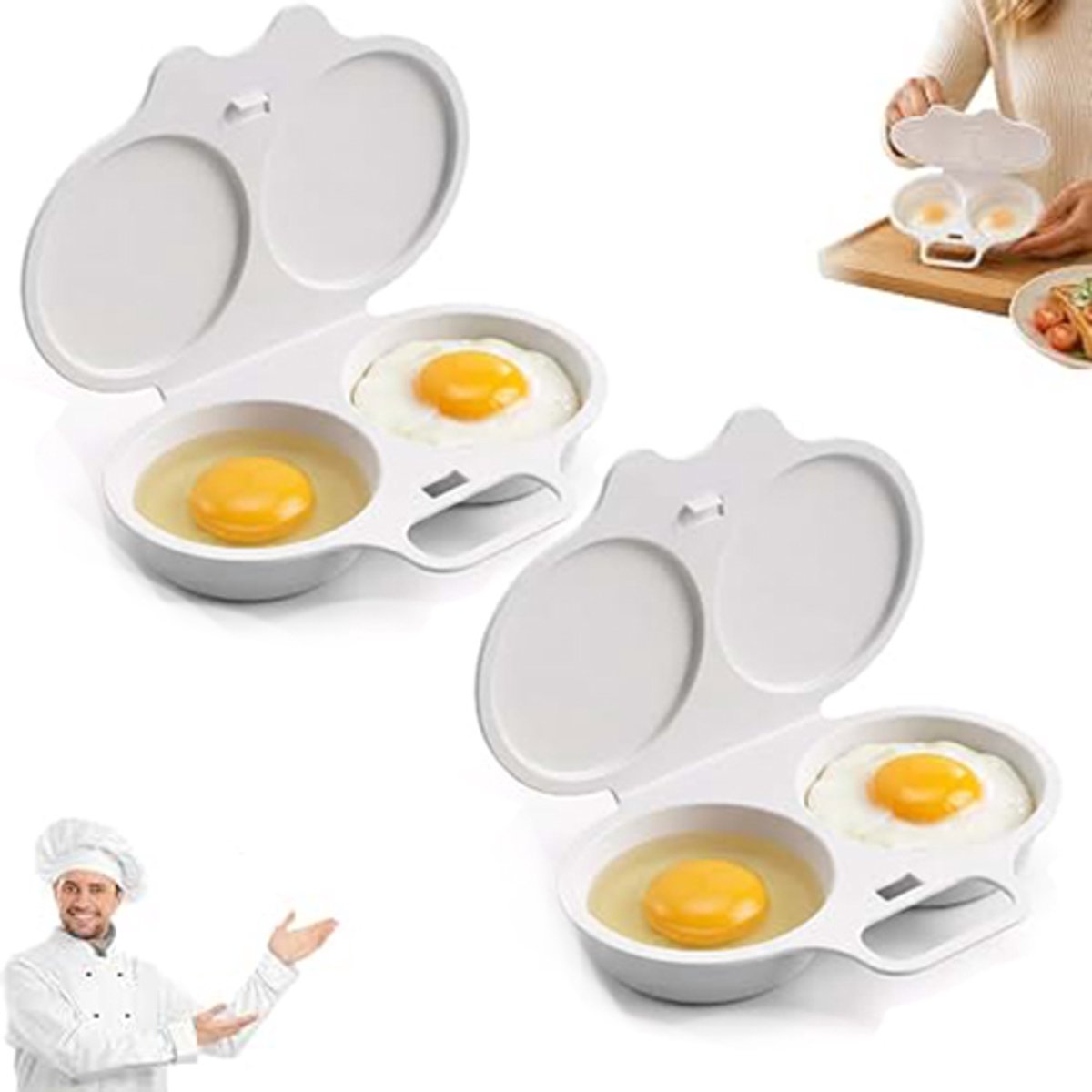 Magnetron Eierkoker - 2 stuks - Eierkoker - Ei Koker - Stoompan Eieren - Dubbele Houders - Draagbare Mini Snelle Eierkookbeker - Gepocheerd Ei - Snel Ontbijt - Snel ei koken bakken - Voor Keuken Ontbijt - 16x12x3cm - Wit