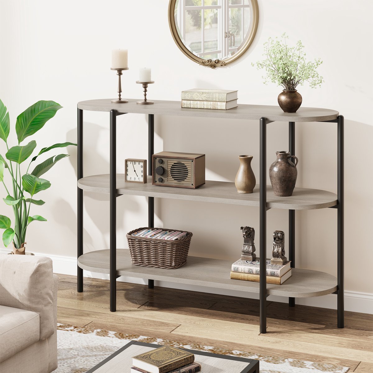 Ovale Consoletafel 3 Lagen - 120x34x75cm - Banktafel met Metalen Frame - Sidetable - 90kg Draagvermogen - Voor Hal En Woonkamer - Grijs