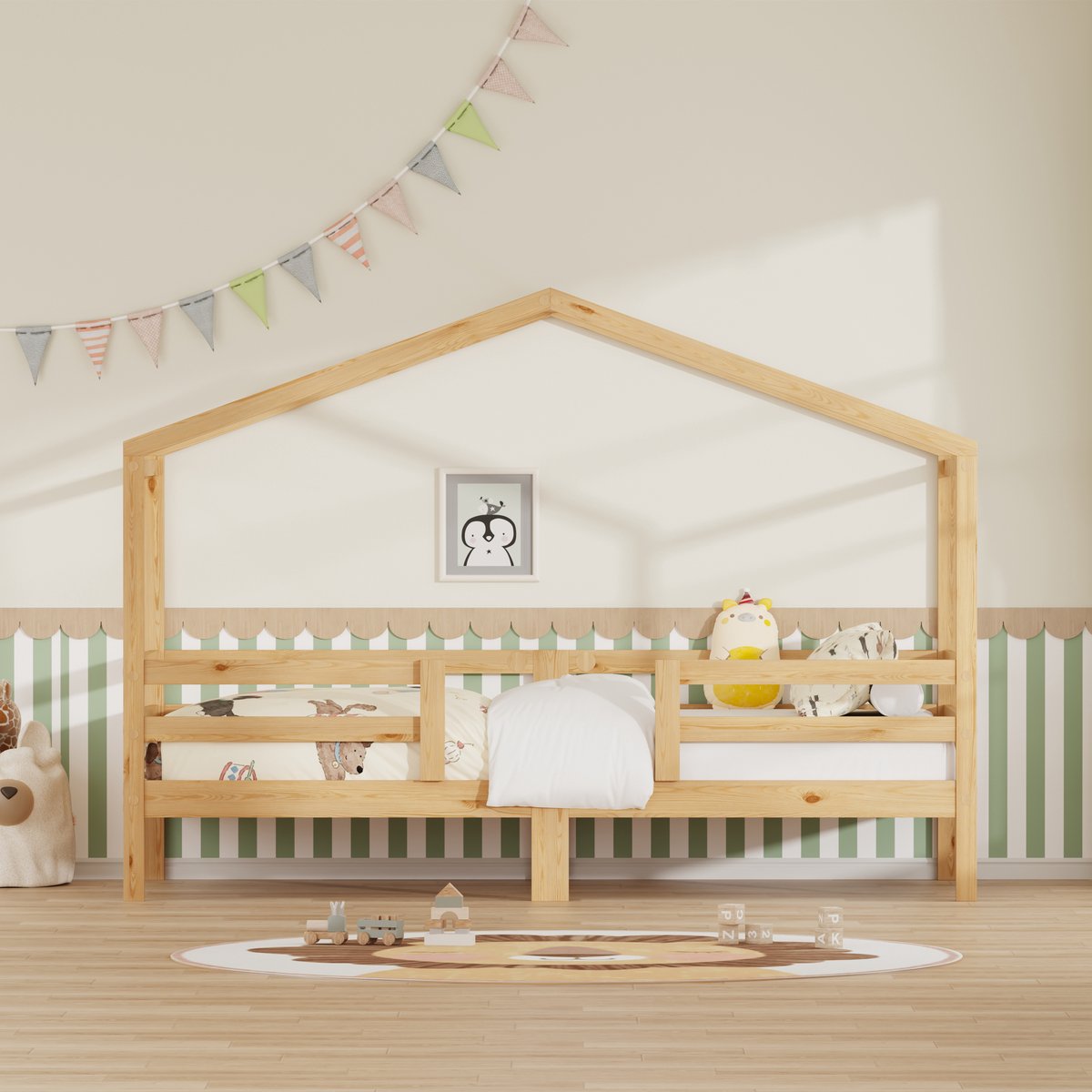 VVBV Kinderbed 90x200 – Kinderbed van Hout met Uitvalbeveiliging en Lattenbodem – Zonder Matras – Houtlook – Voor Slaapkamer – Natuurlijk Hout Naturel