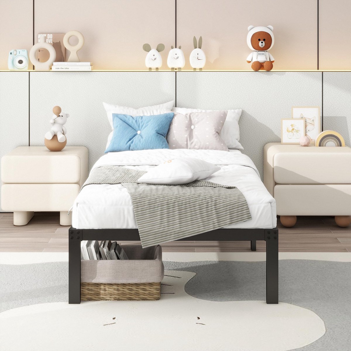 VVBV Bed met Opbergruimte 90x200 – Metalen Bedframe met Opbergruimte – Industrieel – Minimalistisch – Modern Design – Voor Slaapkamer – Zwart
