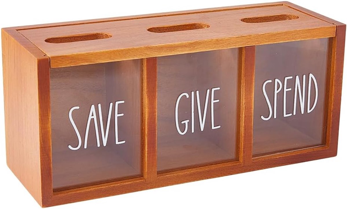 Houten Spaarpot met 3 Vakken (GIVE / SAVE / SPEND) – Magnetisch, Ophangbaar, voor Kinderen en Volwassenen，brown