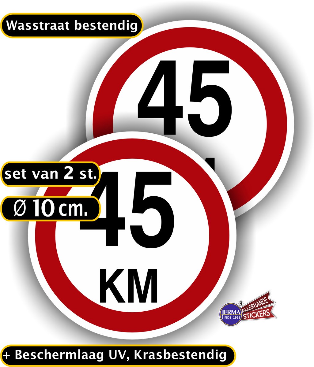 JERMA - 45 KM snelheid sticker set 2 stuks Ø 10cm p.stuk