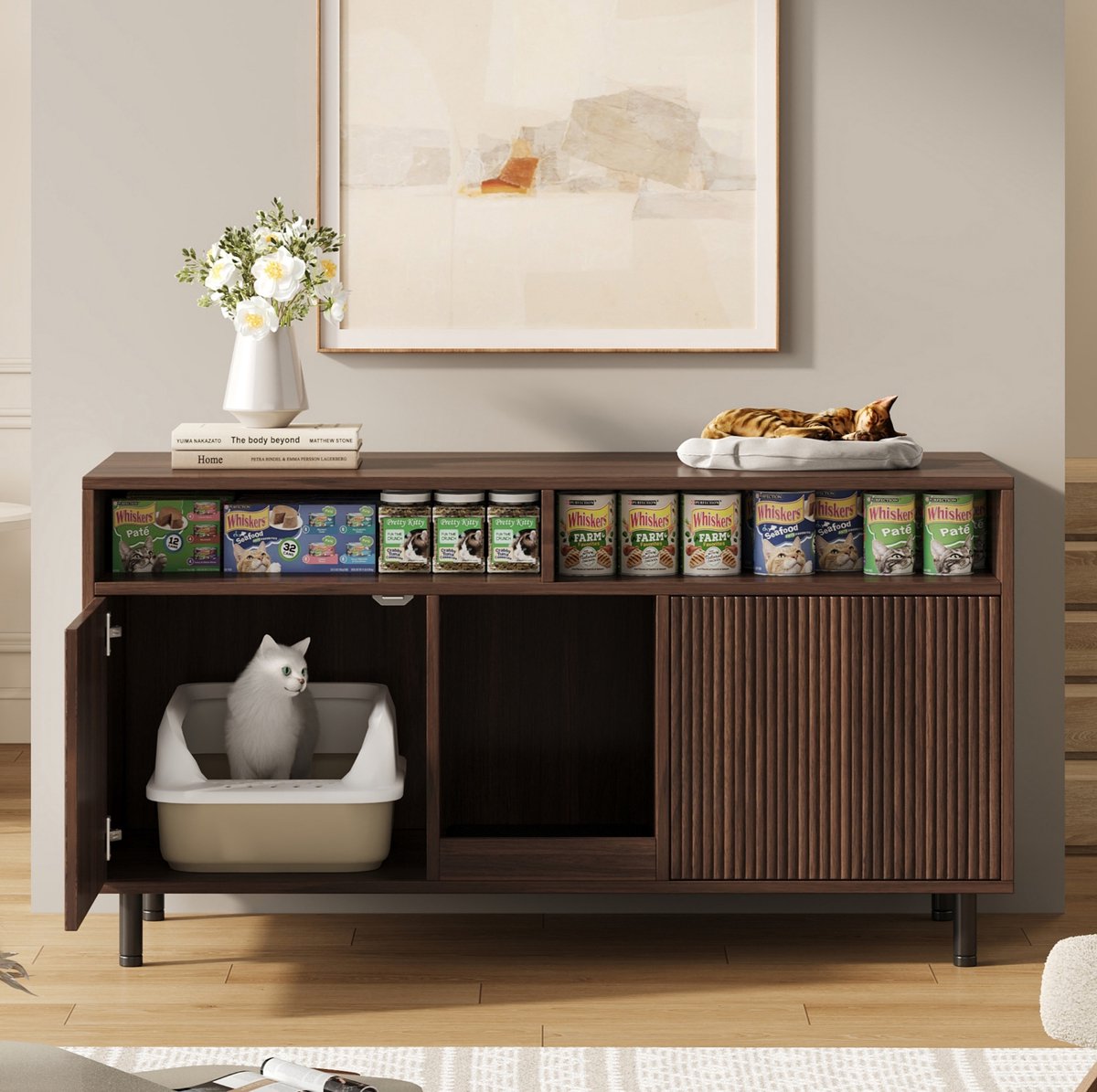 REDOM - Kattenbakcontainer - Dubbele deuren - Met sandvangmat - Open vakken en bovenblad - MDF - Walnootkleur - 120 x 50 x 66 cm