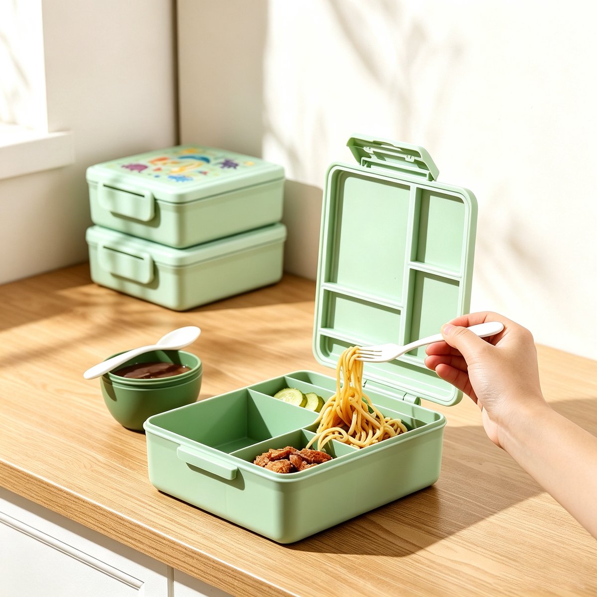 Lekvrije lunchbox voor kinderen van 1800 ml met vijf compartimenten een ingebouwde soepkom van 300 ml en bestek Duurzaam valbestendig lekvrij vaatwasmachinebestendig PFAS- en BPA-vrij Groen. 22*15,2*7,4 cm