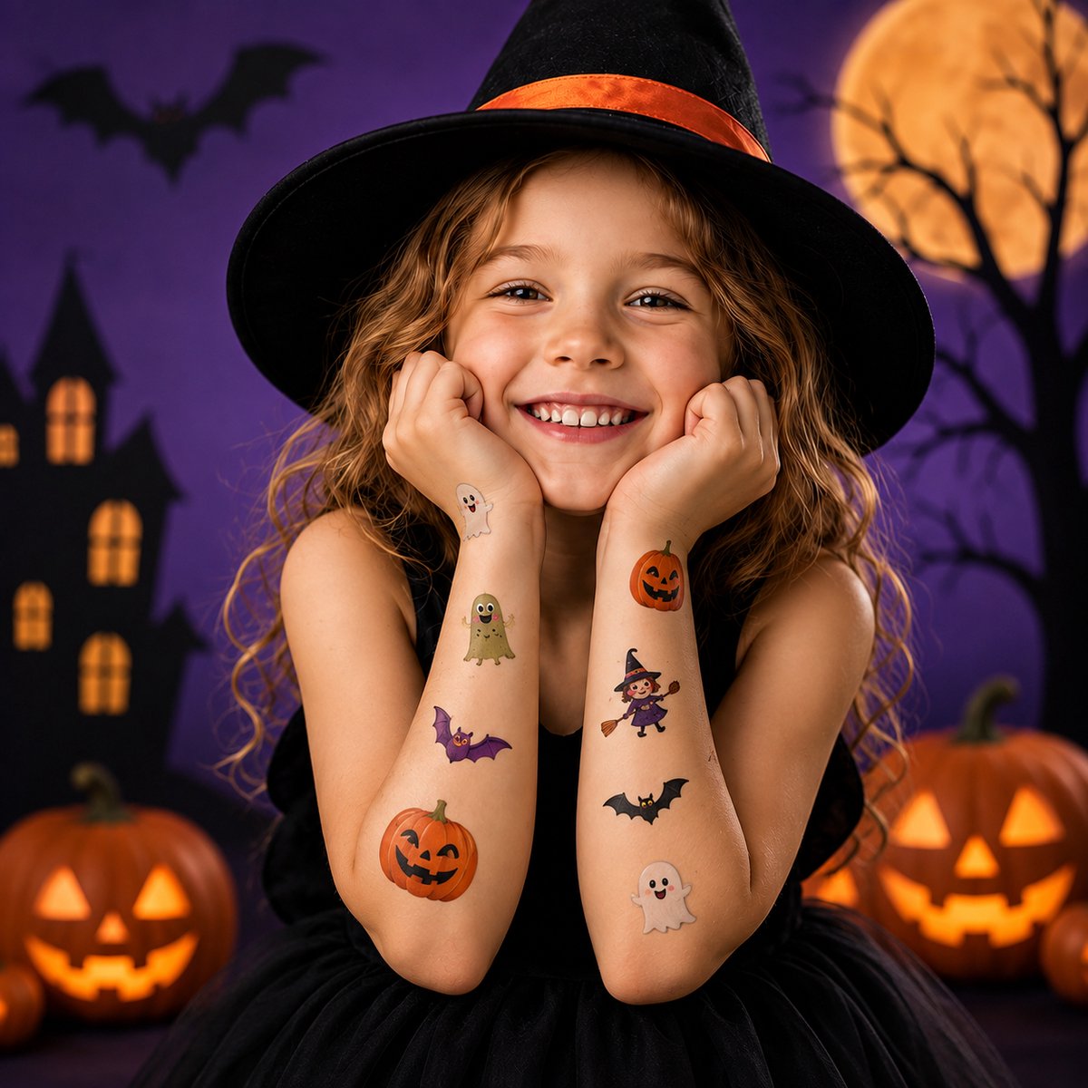 Halloween Tattoos voor Kinderen - 10 Vellen Tijdelijke Plaktattoos met Pompoen, Spook & Heks