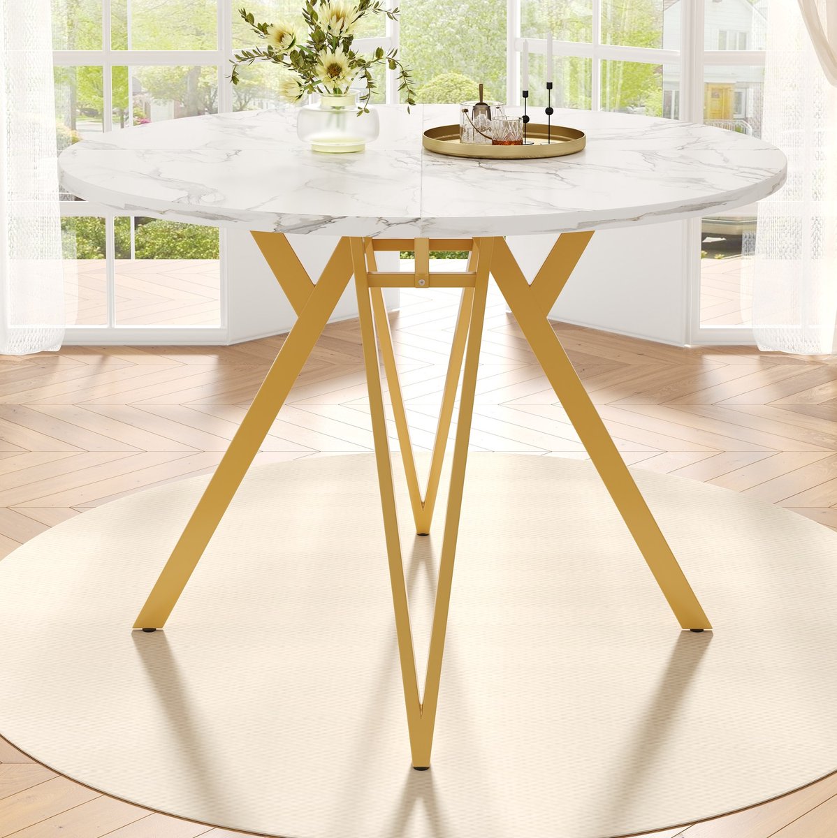 REDOM - Eettafel - Rond - Geometrisch metalen onderstel - Marmerlook MDF tafelblad - Modern - Eetkamer en woonkamer - Goud - 100 x 100 x 76 cm
