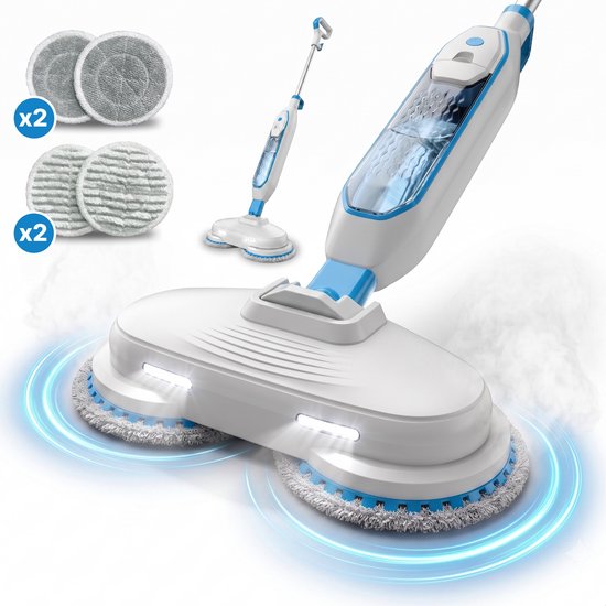 Elektrische stoomreiniger met twee roterende pads, een watertank en ledverlichting. Inclusief extra pads.