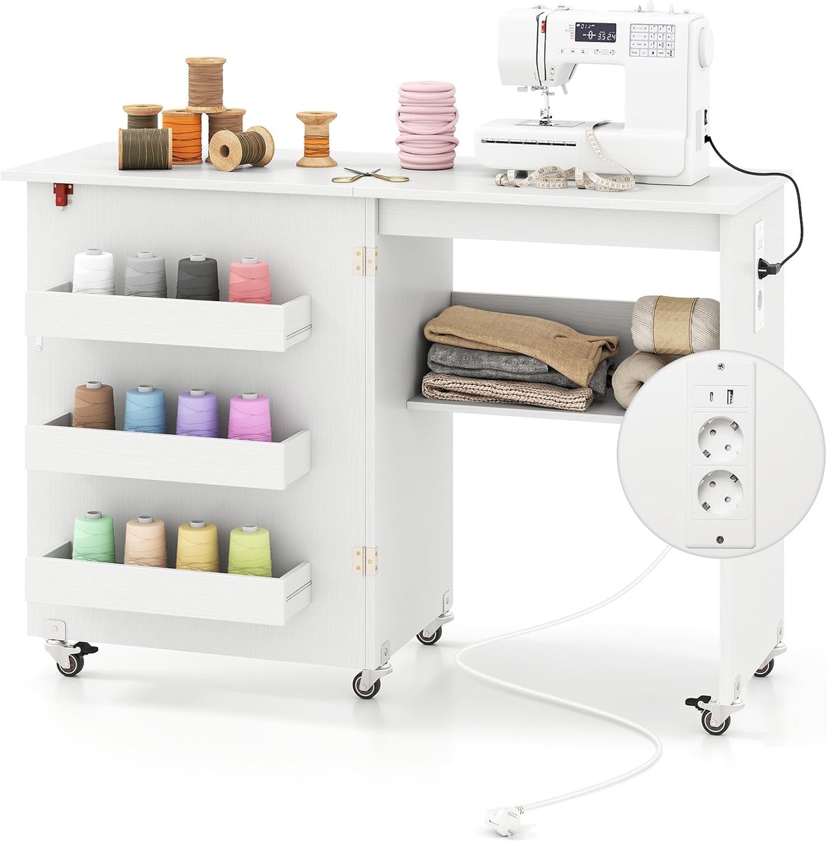 Costway 2-in-1 naaitafel inklapbaar met laadstation, houten naaimachinekast met planken, naaikast met afsluitbare wielen, naaimachinetafel, knutseltafel voor woonkamer, slaapkamer (wit)