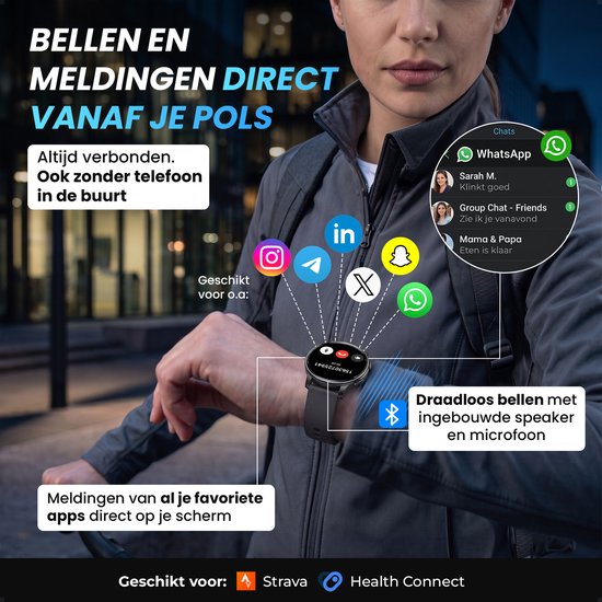 Vrouw draagt smartwatch met berichten van WhatsApp, Instagram, LinkedIn. Connectiviteit via Bluetooth.
