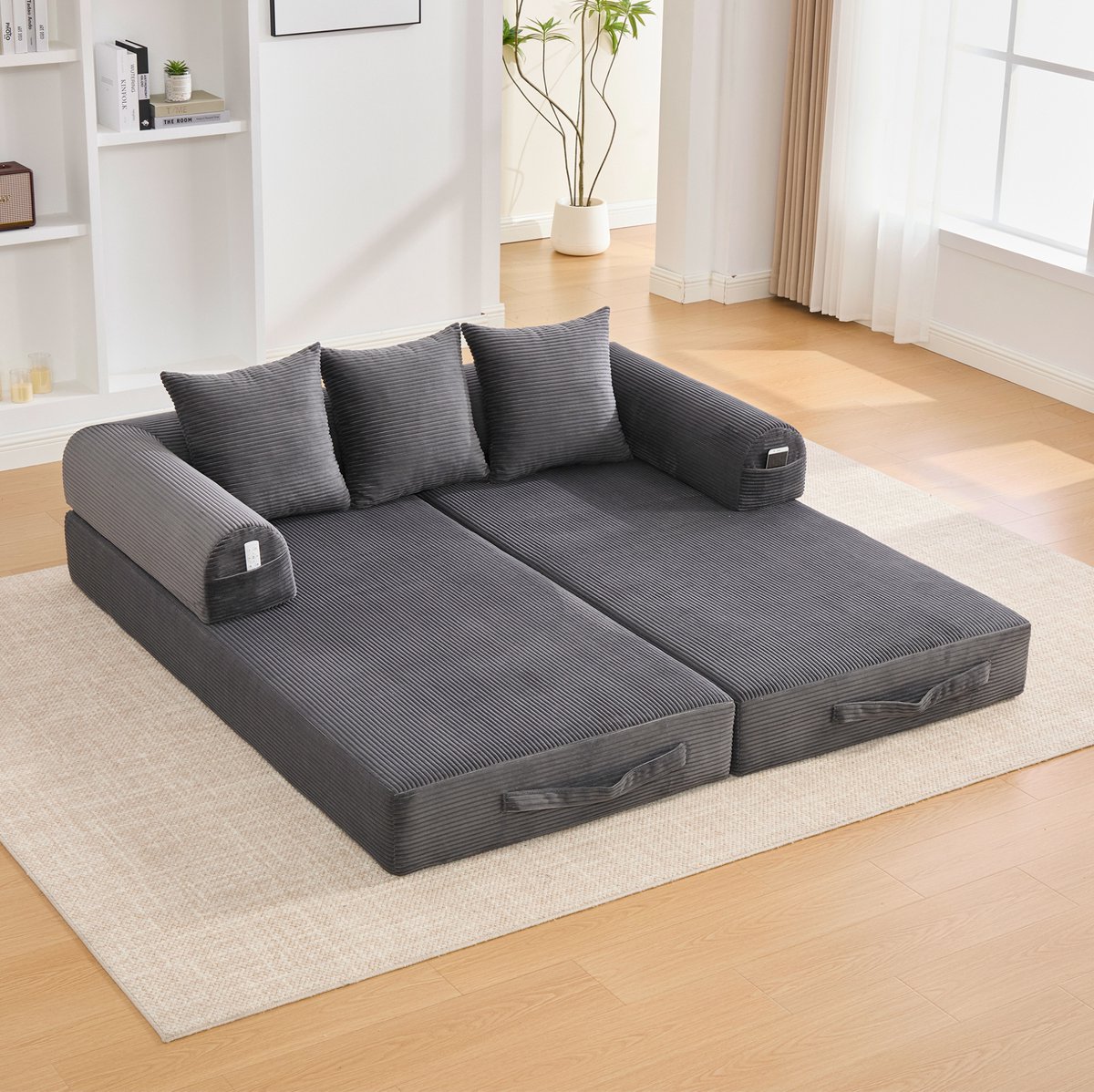 MODENUIT Slaapbank 200 x 94 x 67 cm - Modulair Met 3 Kussens En Zijvak - Woonkamer - Stof - Donkergrijs