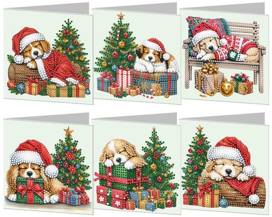 Six cartes de Noël Diamond Painting avec des chiots endormis portant des bonnets de Noël et des sapins.