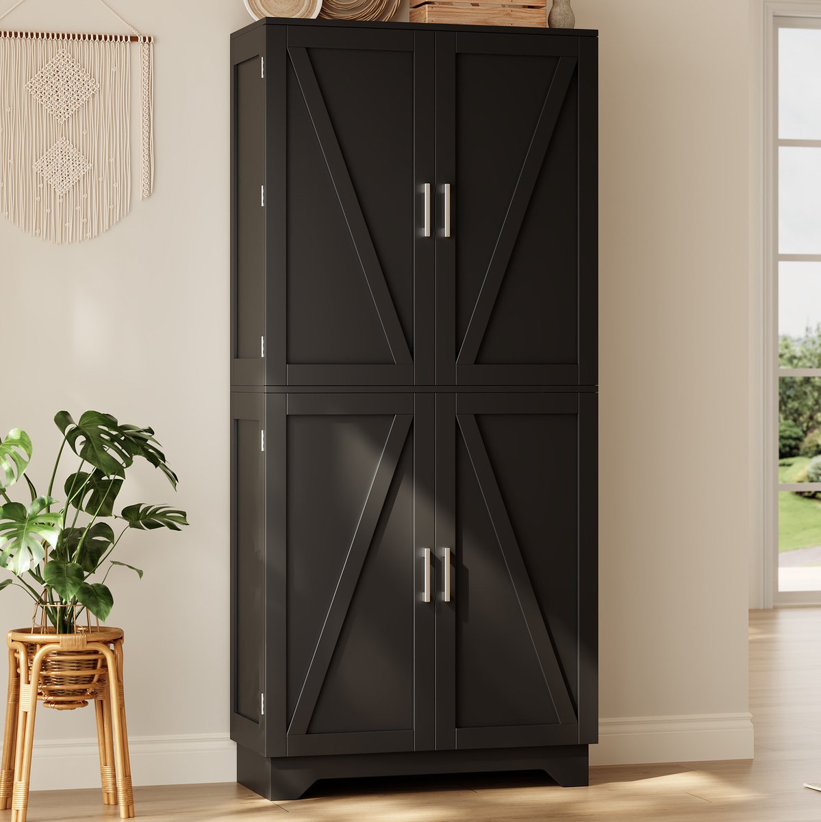 DESMIU Keukenkast Hoge Opbergkast Met 4 Deuren Wijnrek En Deurreksystemen Voor Keuken Eetkamer En Woonkamer MDF Zwart Natuurlijk 80 X 40 X 180 Cm