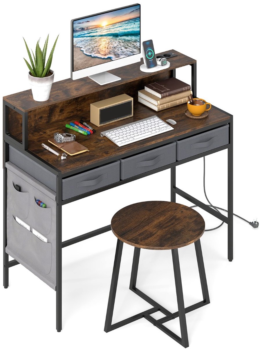 SureDeal® - Kaptafel - Computerbureau - Stopcontacten - Kruk - Monitorstandaard Linnenkasten - 110x50x95,5 cm - Koffiebruin