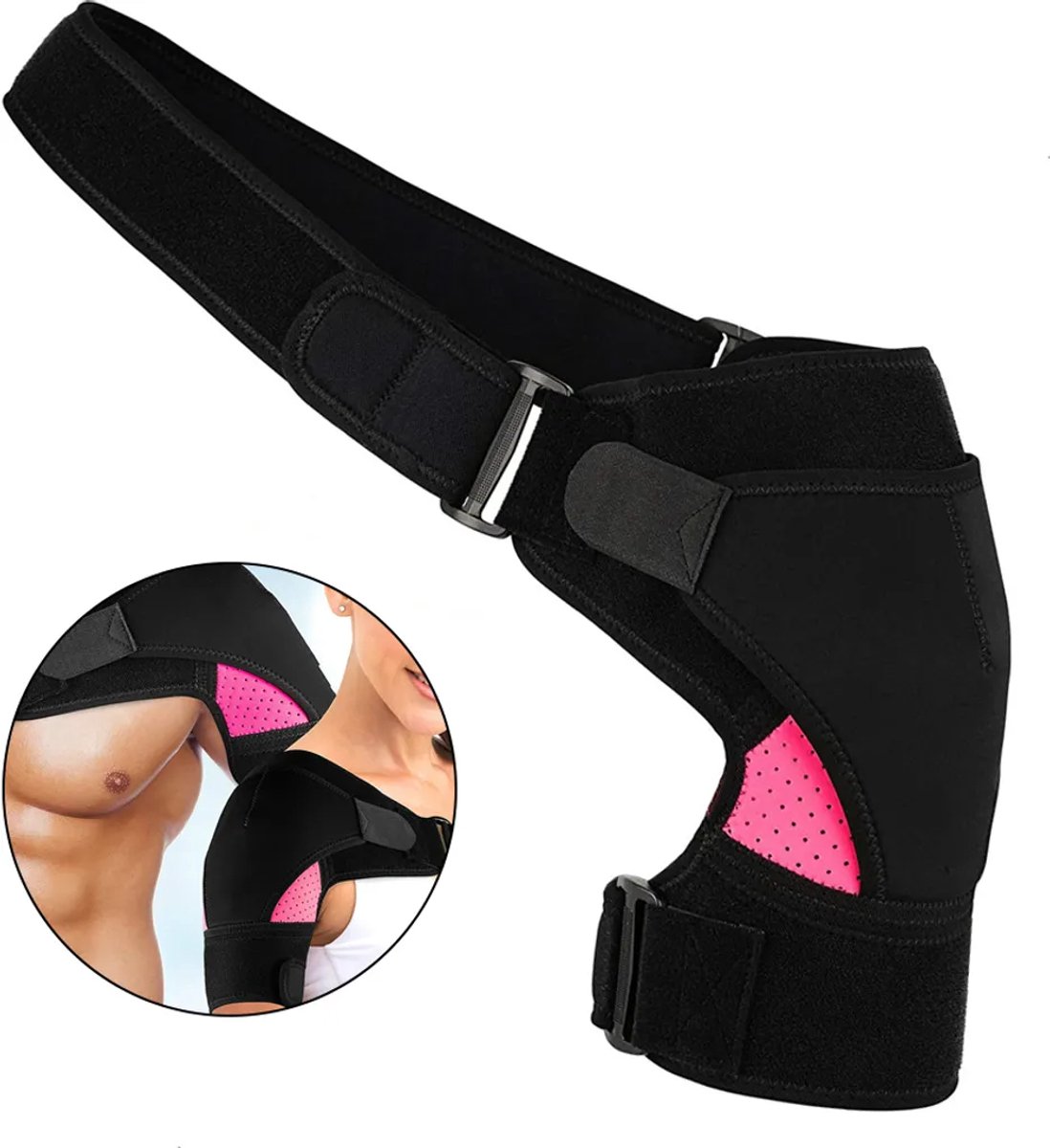 Een schouderbrace ter verlichting van schouderklachten, die steun en compressie biedt, roze-rood.