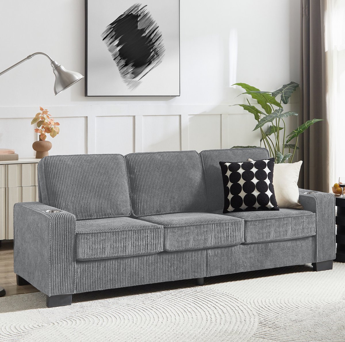 MODENUIT Sofa 3-Zits 206 Cm - Met Drinkhouders - Voor Woonkamer, Slaapkamer En Bureau - Corduroy - Grijs