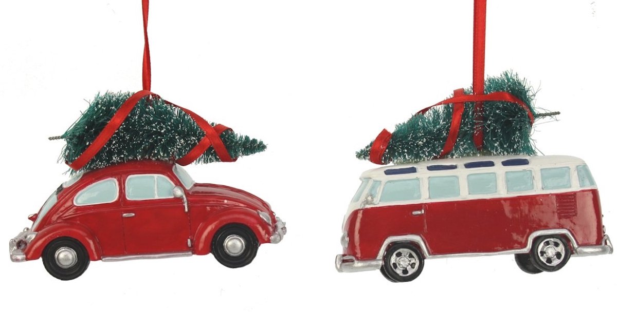 Ornament Auto/Bus m kerstboom 2 ass 10,5x4x8cm