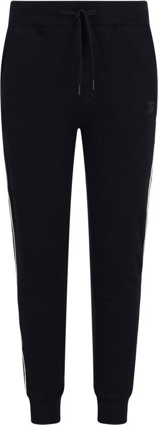 Zwarte joggingbroek met witte biezen aan de zijkant en een trekkoord.