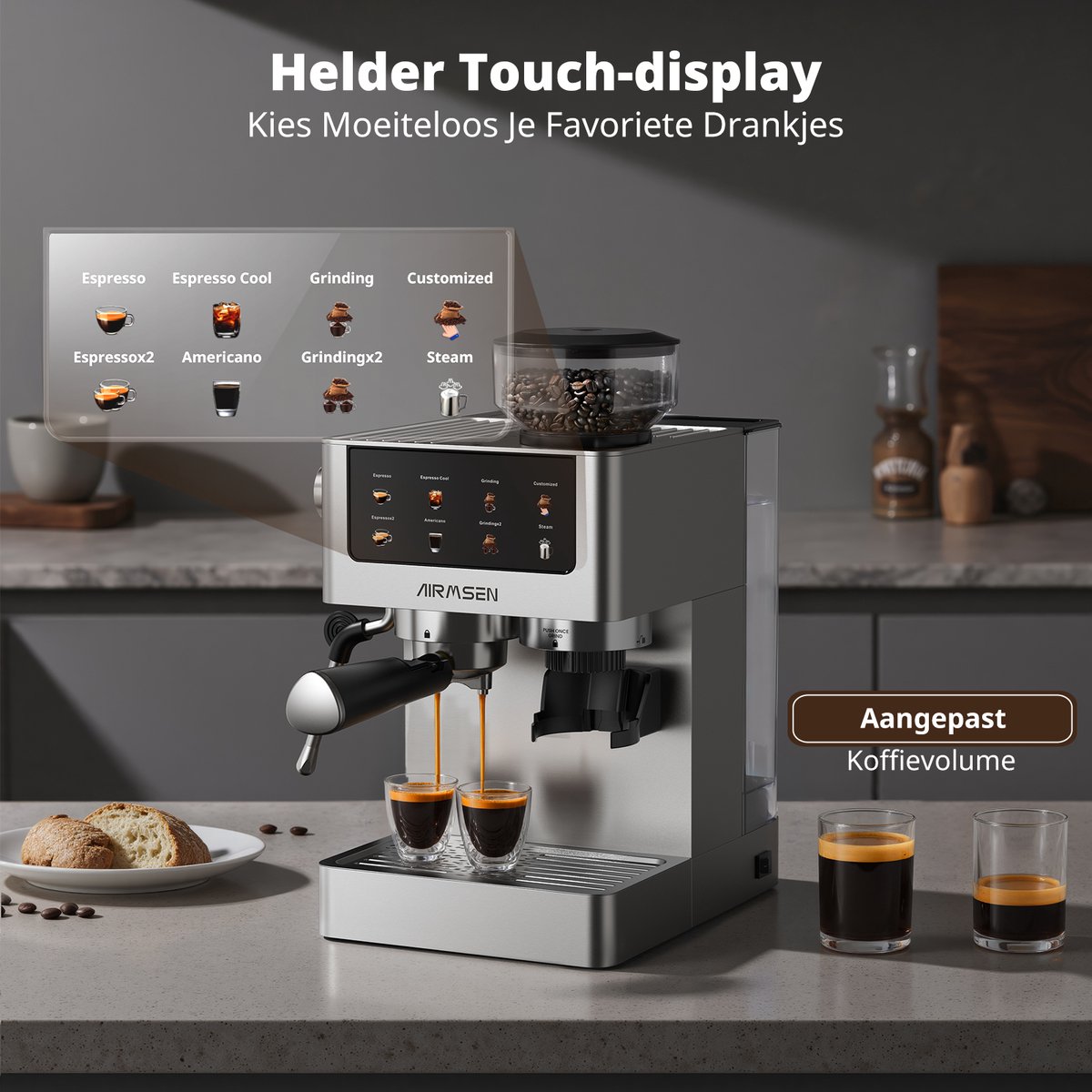 AIRMSEN Espressomachine met Bonenmaler - 20 Bar Pistonmachine - RVS - Compact - 10 Maastanden - Stoompijpje - Touch LED - 1 & 2 Kops - Zilver thumbnail 4