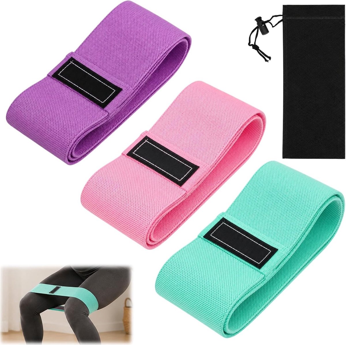 Set van 3 antislip fitnessbanden voor krachttraining, yoga en pilates met 3 weerstandsniveaus voor squats en billen