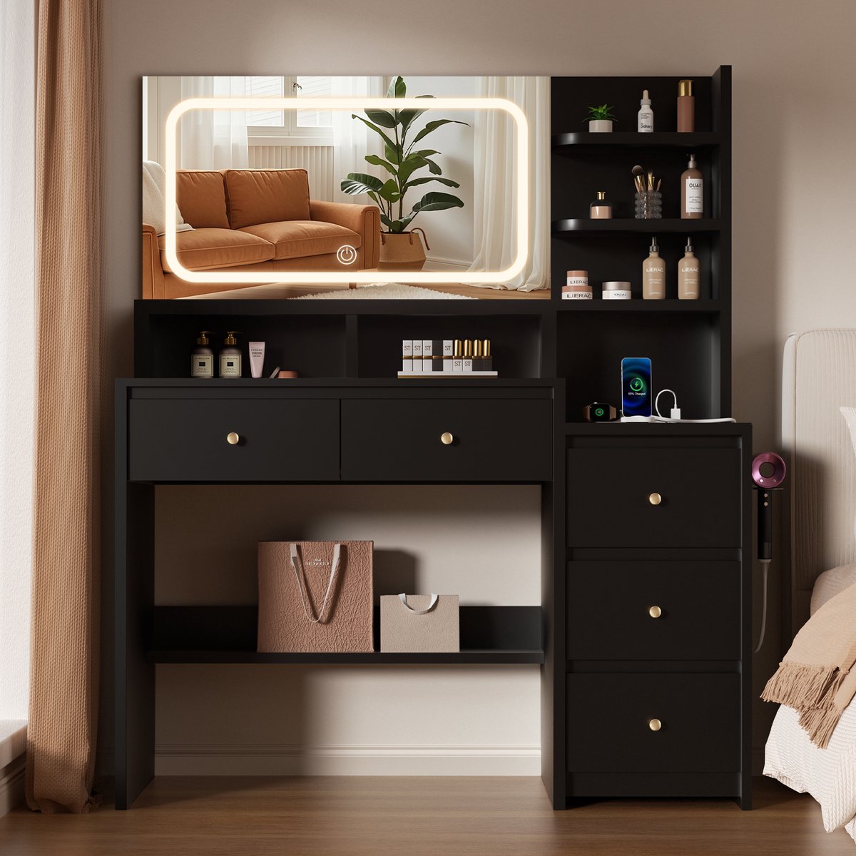 Lexzurn kaptafel met spiegel - 3 standen LED verlichting - 7 open vakken + 5 laden - föhnhook, stopcontacten & USB - 143x115x40 cm - zwart - voor slaapkamer en kleedkamer