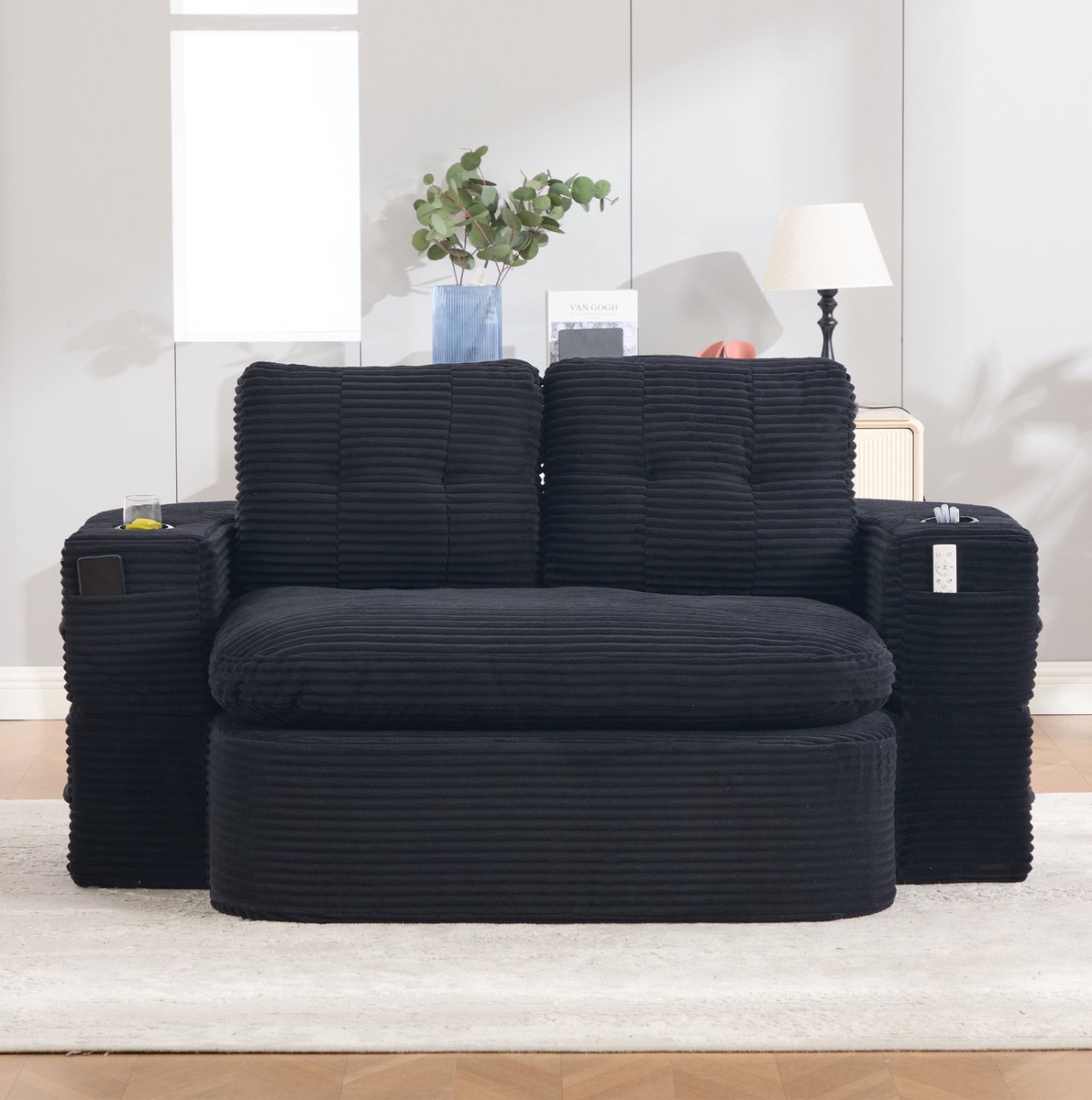 MODENUIT Slaapbank 2-Zits 165 Cm - 2-In-1 Met Ligfunctie, Bekerhouders En Opbergtassen - Woonkamer En Slaapkamer - Corduroy - Zwart
