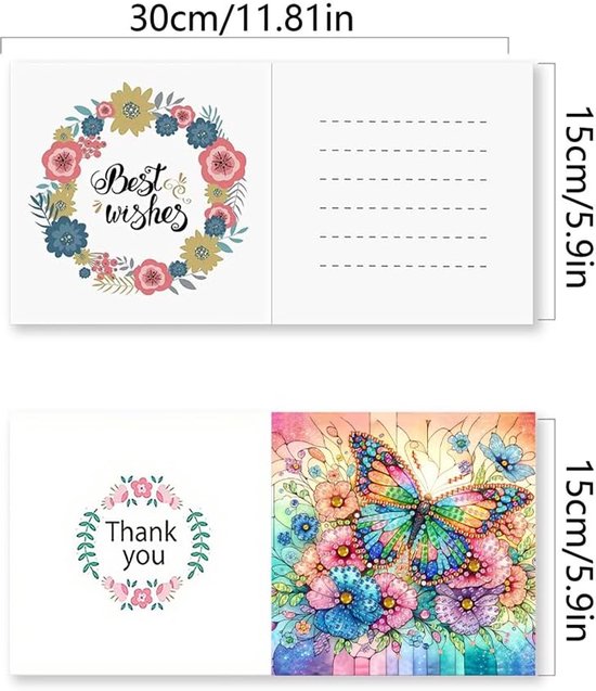 Diamond painting kaart met 'Best wishes' in bloemenkrans. Afmetingen: 30x15cm. Onderschrift: 'Thank you' met bloemen. Afmetingen: 15x15cm. Rechts: vlinder met bloemen.