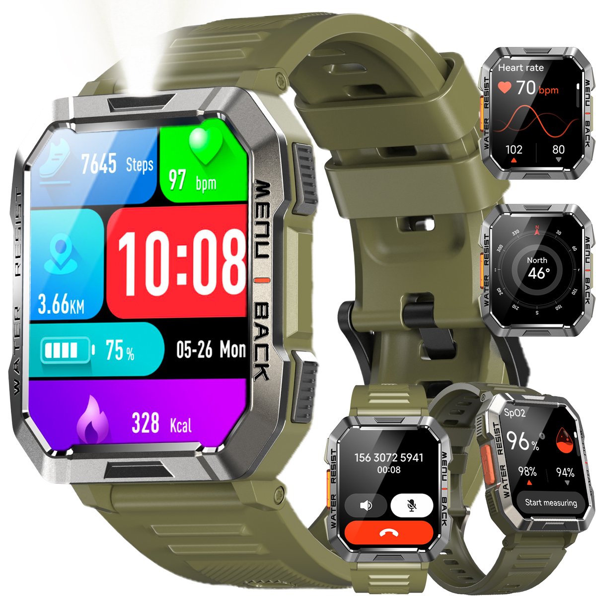 Blackview Smartwatch Heren - W60-Rugged Sporthorloge - Outdoorhorloges- Stappenteller - Hartslagmeter - Slaapmonitor - Belfunctie - LED Zaklamp - Geschikt voor Android en iOS - Groente