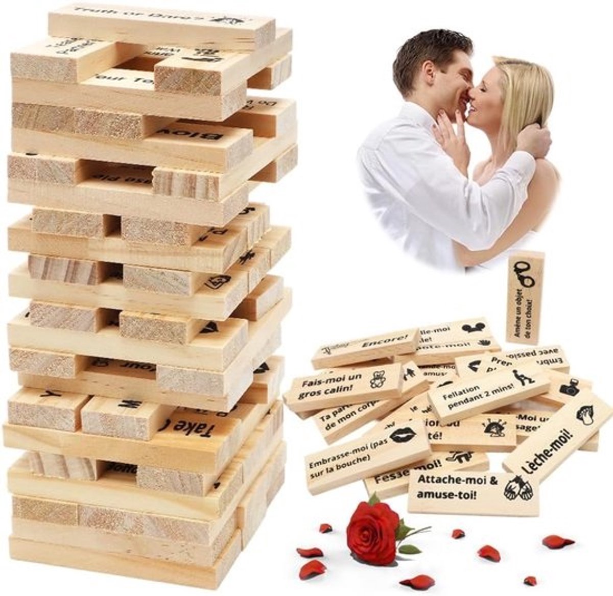 Ondeugende Blokkentoren - Houten Stapelspel - Avondje Plezier - 48 Verrassende Blokken - 7x3cm Blokken
