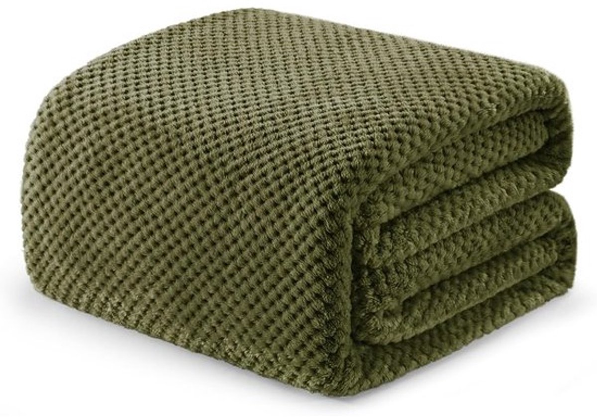 Warme Pluizige Deken - Grote Bedsprei - Comfortabel Ontspannen - Wafelstructuur Patroon - 230 x 270 cm - Olijfgroen