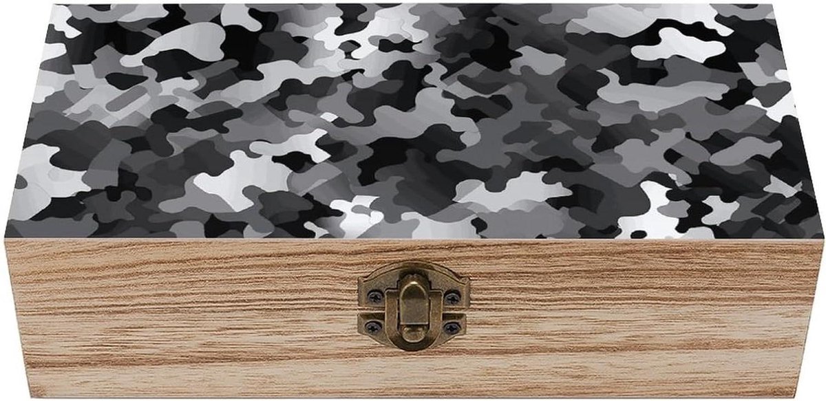 Houten Opbergdoos - Snuisterijdoos Deksel - Spullen Organiseren - Massief Hout - 21 x 8 x 6 cm - Camouflage