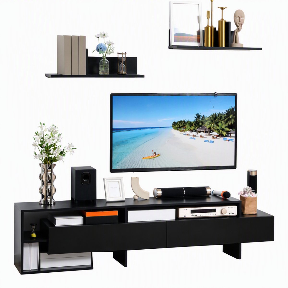ECTEATOY® TV-Meubel met 2 Wandplanken - TV-Kast met Open Vakken en Kastjes - Zwart - 180 x 33,5 x 42 cm