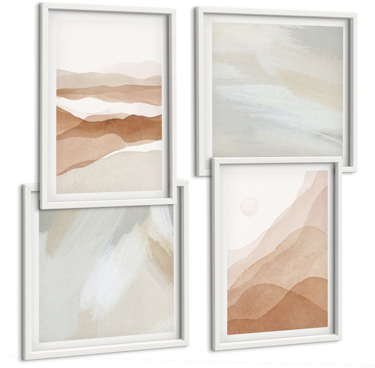 Wallfluent 4-Delige Schilderij Set - Abstracte Landschappen In Bruine En Beige Tinten. - 40 x 40 En 40 x 60 - Wanddecoratie - Schilderijen Set - Kantoor - Moderne Wanddecoratie