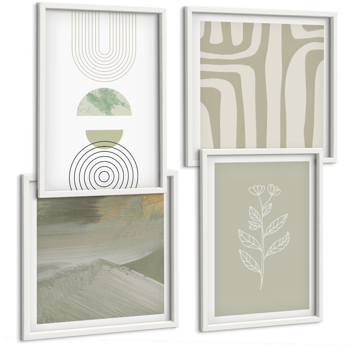 Wallfluent 4-Delige Schilderij Set - Geometrische Patronen Met Plantenaccenten In Groene Tinten. - 40 x 40 En 40 x 60 - Wanddecoratie - Woonkamer Decoratie - Moderne Wanddecoratie