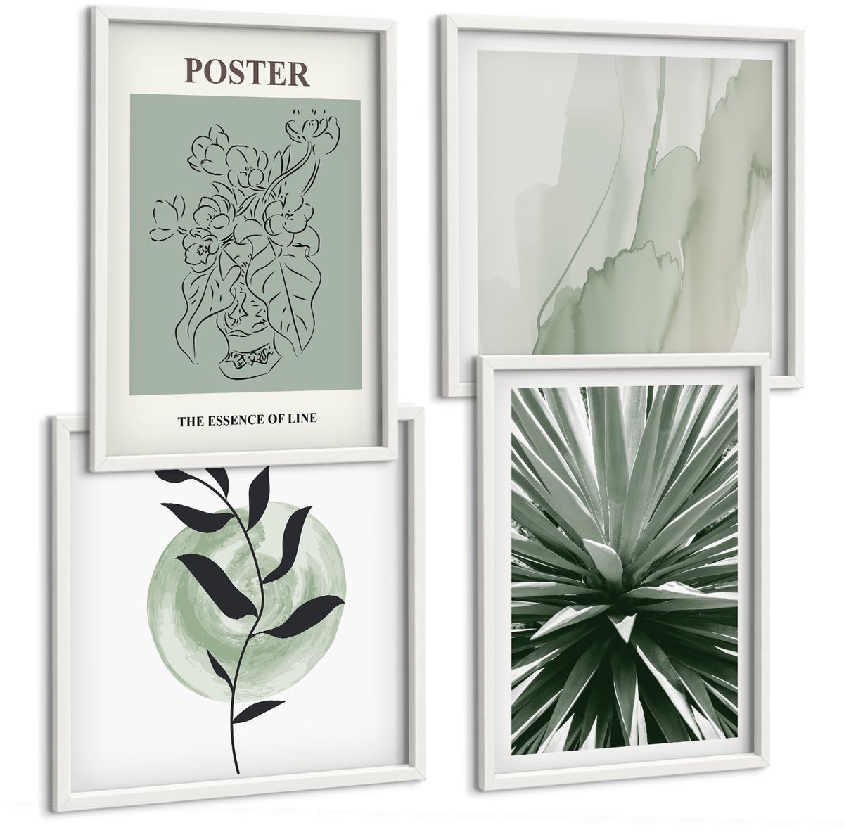 Wallfluent 4-Delige Schilderij Set - Plantenpatronen In Tinten Groen En Beige - 40 x 40 En 40 x 60 - Muurdecoratie - Wanddecoratie - Slaapkamer - Decoratieve Schilderijen