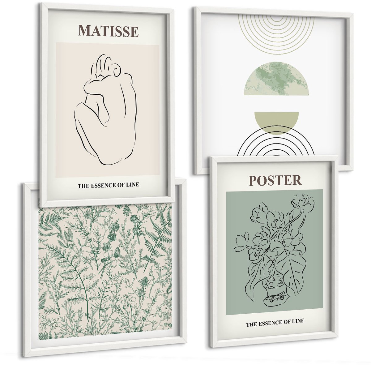 Wallfluent 4-Delige Schilderij Set - Lijnen En Plantmotieven In Een Minimalistische Stijl. - 40 x 40 En 40 x 60 - Muurdecoratie - Interieur Decoratie - Moderne Wanddecoratie