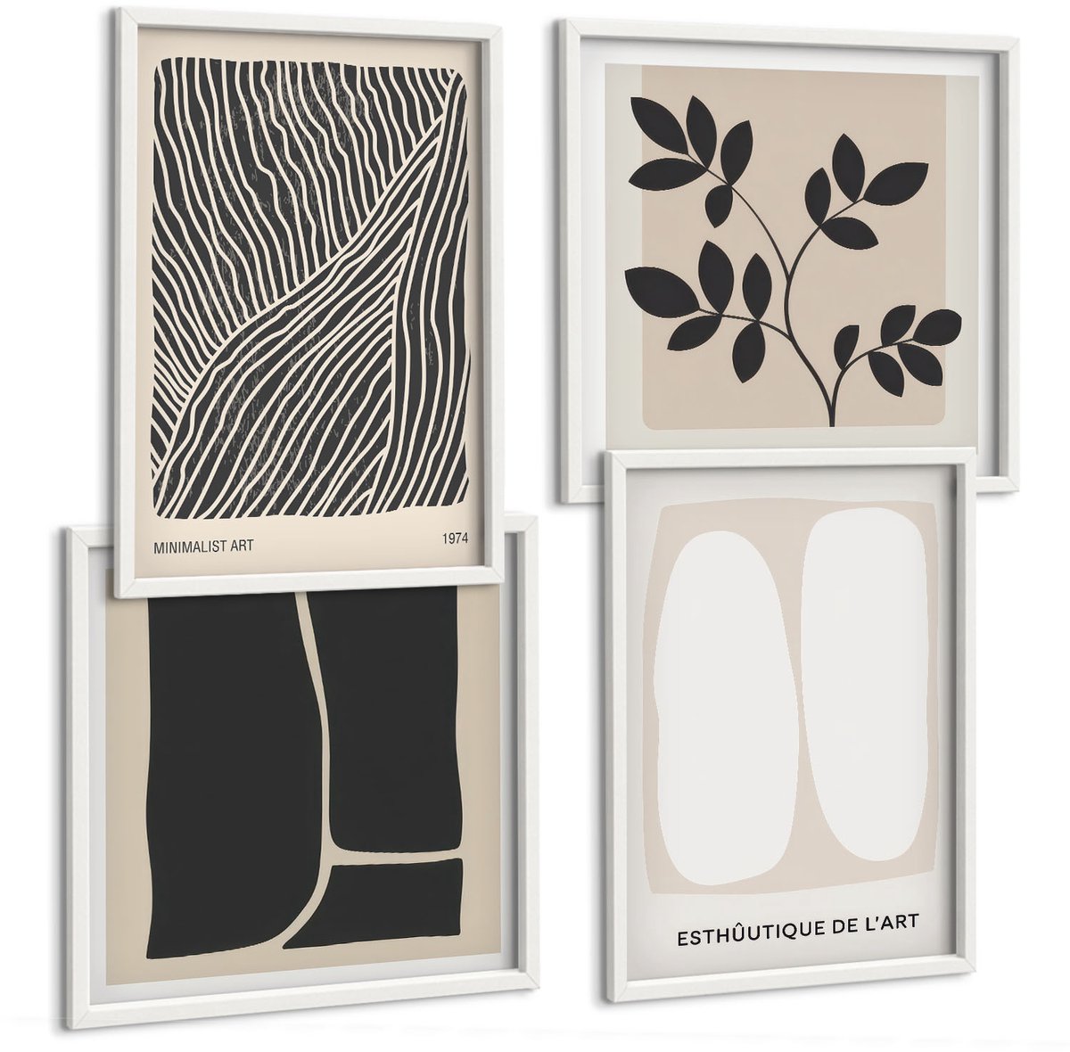 Wallfluent 4-Delige Schilderij Set - Bloemenpatronen En Minimalistische Lijnen In Neutrale Kleuren. - 40 x 40 En 40 x 60 - Decoratieve Schilderijen - Woonkamer - Interieur - Wanddecoratie
