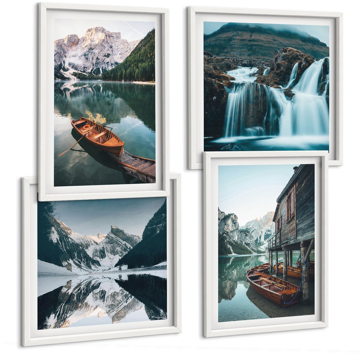 Wallfluent 4-Delige Schilderij Set - Bergmeren Met Boten En Weerspiegelingen In Het Water. - 40 x 40 En 40 x 60 - Decoratieve Schilderijen - Woonkamer - Interieur - Muurdecoratie