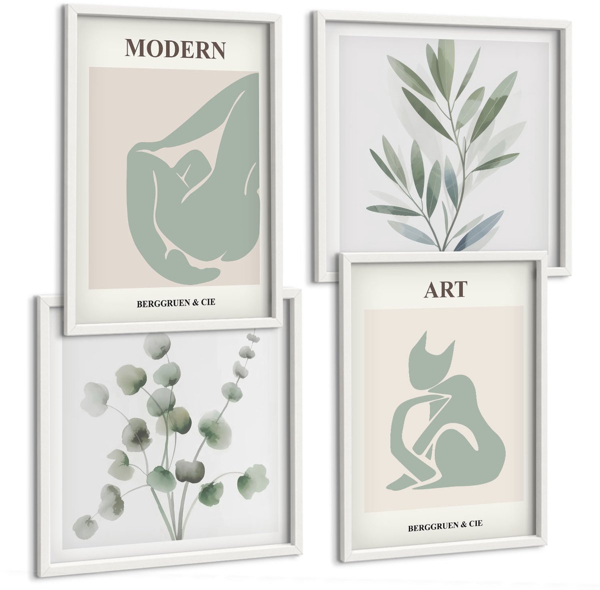 Wallfluent 4-Delige Schilderij Set - Plantmotieven In Delicate Groene Tinten - 40 x 40 En 40 x 60 - Wanddecoratie - Schilderijen Set - Kantoor - Stijlvolle Muurdecoratie