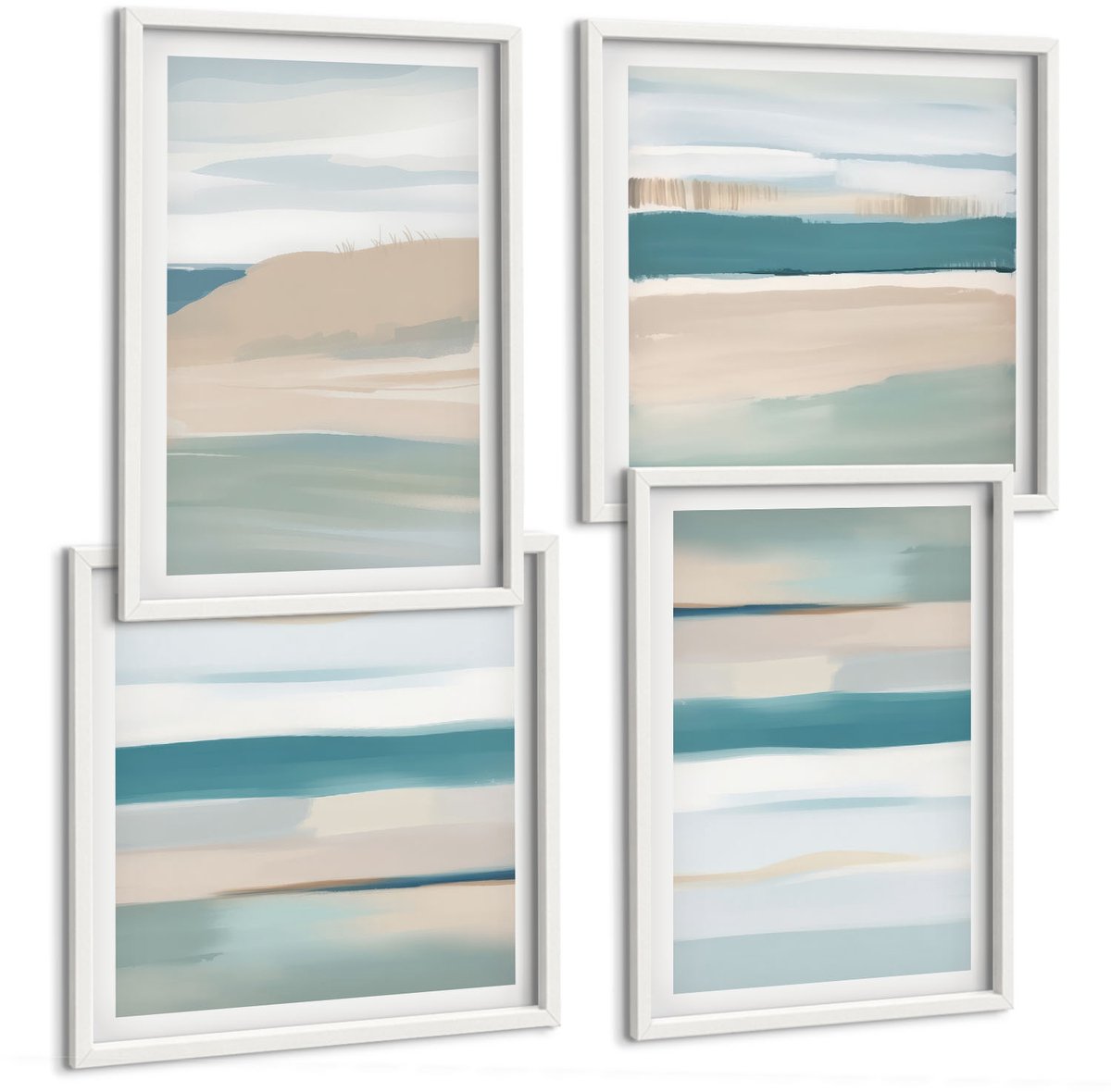 Wallfluent 4-Delige Schilderij Set - Abstracte Landschappen In Tinten Blauw En Beige. - 40 x 40 En 40 x 60 - Muurdecoratie - Schilderijen Set - Woonkamer - Stijlvolle Muurdecoratie