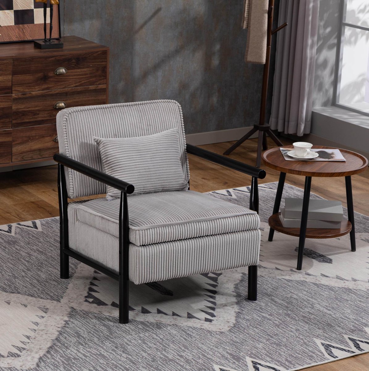 MODFU-Fauteuil-Lichtgrijs-Velvet-Metalen Frame-Armleuningen-Lendenkussen