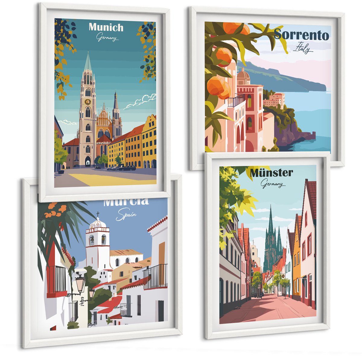 Wallfluent 4-Delige Schilderij Set - Europese Steden In Kleurrijke Illustraties - 40 x 40 En 40 x 60 - Decoratieve Schilderijen - Woonkamer - Interieur - Stijlvolle Muurdecoratie