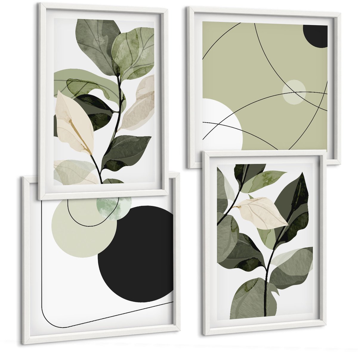 Wallfluent 4-Delige Schilderij Set - Geschilderde Bladeren En Abstracte Vormen - 40 x 40 En 40 x 60 - Decoratieve Schilderijen - Wanddecoratie - Hal - Interieur Decoratie