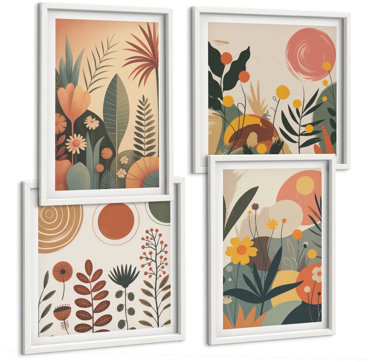 Wallfluent 4-Delige Schilderij Set - Boho-Plantenpatronen In Warme Tinten Met Natuur. - 40 x 40 En 40 x 60 - Wanddecoratie - Schilderijen Set - Interieur - Woonkamer Decoratie