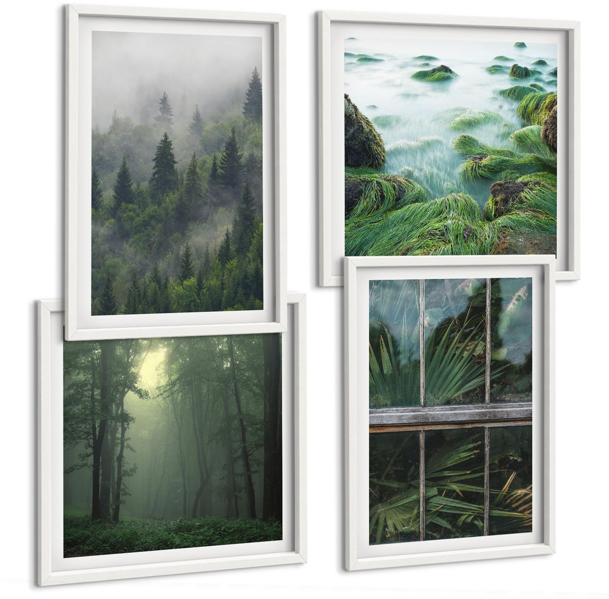 Wallfluent 4-Delige Schilderij Set - Bos In De Mist, Rivieroever En Kas Met Planten - 40 x 40 En 40 x 60 - Muurdecoratie - Schilderijen Set - Woonkamer - Moderne Wanddecoratie