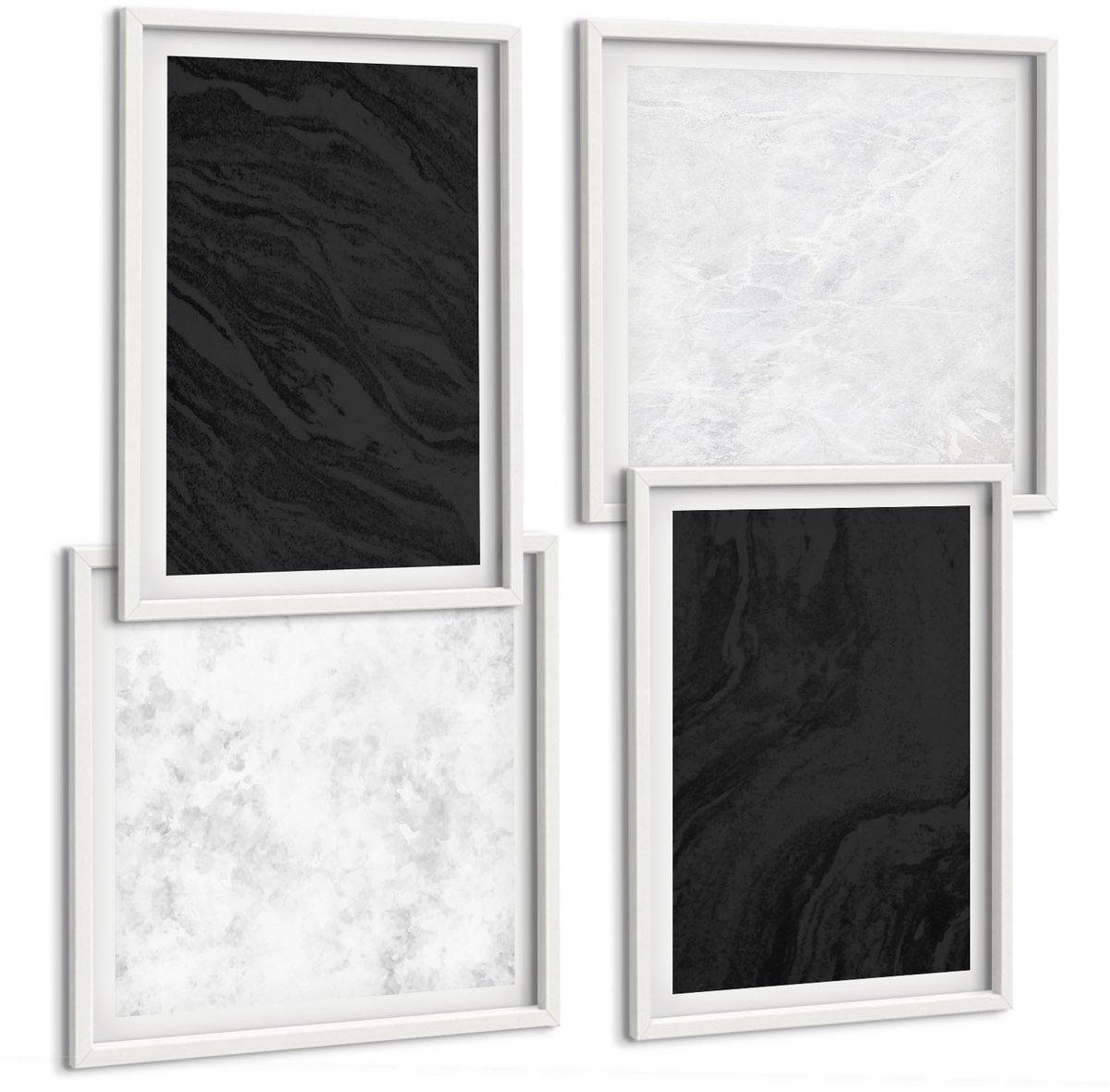 Wallfluent 4-Delige Schilderij Set - Donker En Licht Marmer: Elegante Texturen In Een Glamoureuze Stijl. - 40 x 40 En 40 x 60 - Wanddecoratie - Muurdecoratie - Moderne Interieurdecoratie - Woonkamer Decoratie